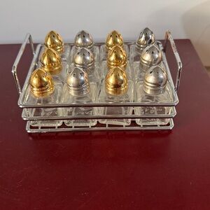 Vintage glass Salt and Pepper shakers set of 12 w Wire Rack Restaurant style set